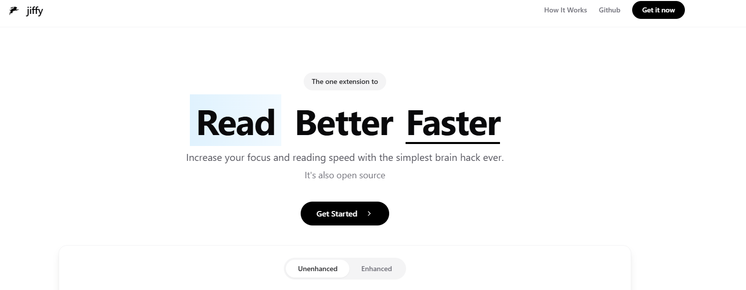 Screenshot of JiffyReader homepage